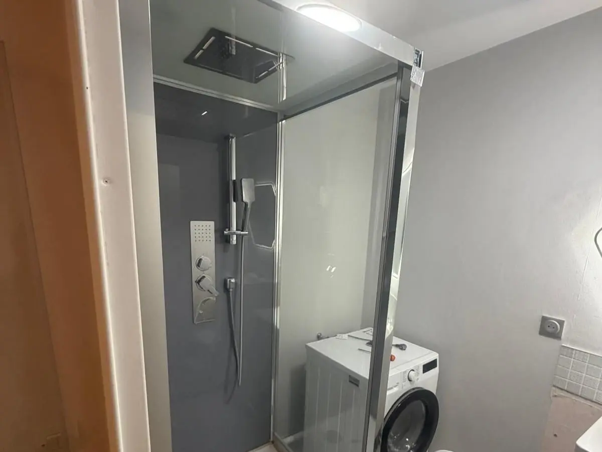 Cabine de douche posée : ciel de pluie, colonne avec douchette et panneau de jets, parois vitrées, lave-linge à côté